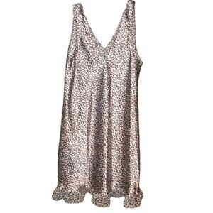 Tan and Brown Silky Leopard Print Slip Dress Ruffle Trim V- Neckline